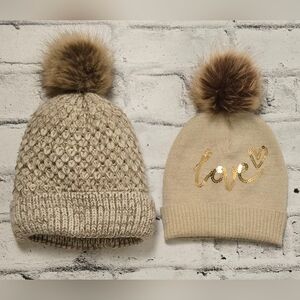 Toby Faux Fur Pom Knit Beanie Hats Set of 2 One Size Fall / Winter